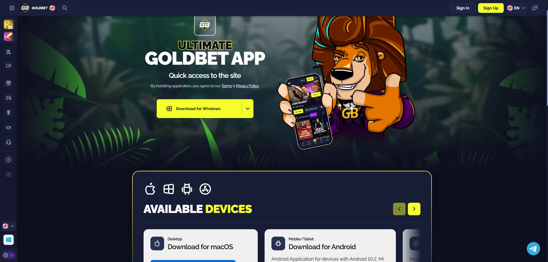App mobile Goldbet.io Android iOS download giochi casino